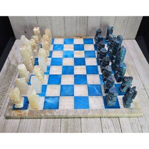 Vtg Aqua Blue White Marble Chess Board Carved Pieces Complete Set 13.5" x 13.5"